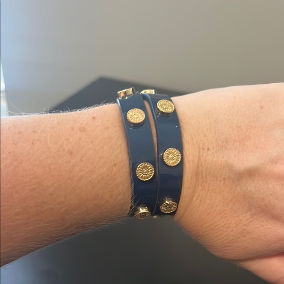Tory Burch Jewelry - Tory Burch Navy Blue Leather & Gold Double Wrap Bracelet